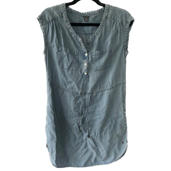 Eddie Bauer Chambray Button Front V-neck Waist Cinched Tie Shirt Dress Petite 2 - Picture 1 of 6